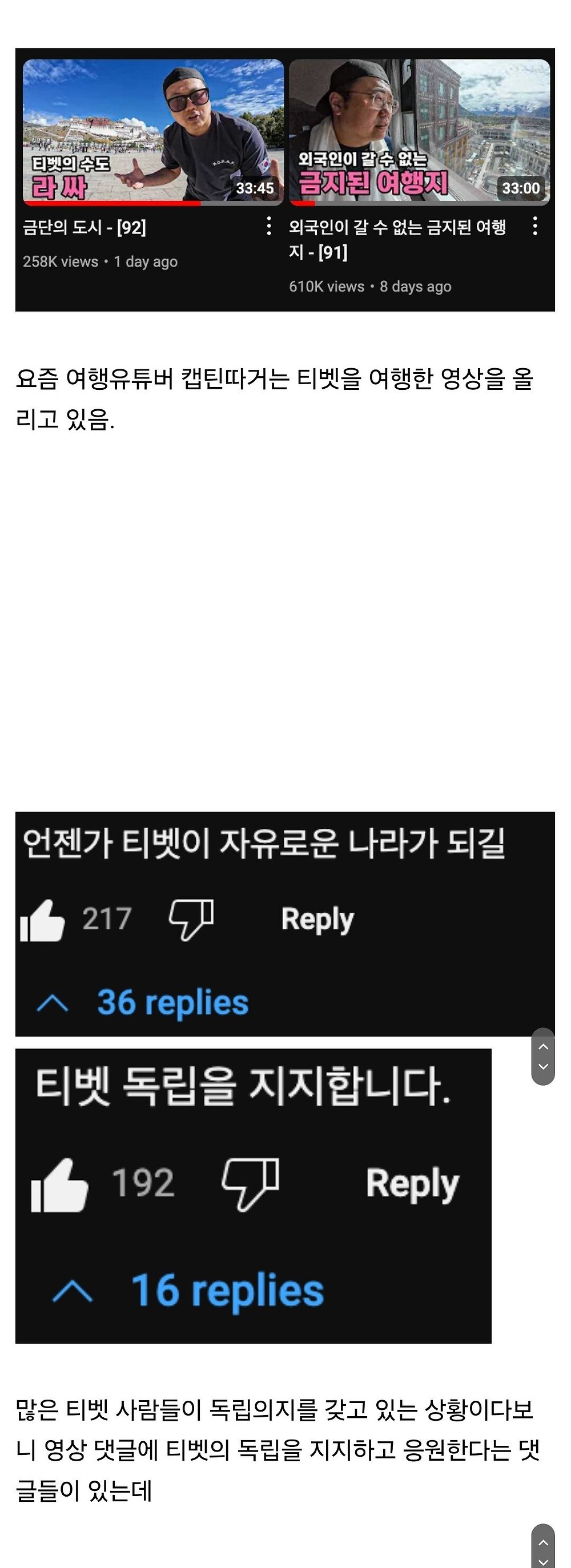 여행 유튜버 티벳 영상에 달린 중국어 댓글1.jpg